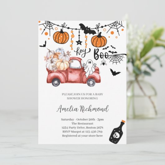 hey boo rode pompoen pick-up truck Baby shower Kaart (Staand voorkant)