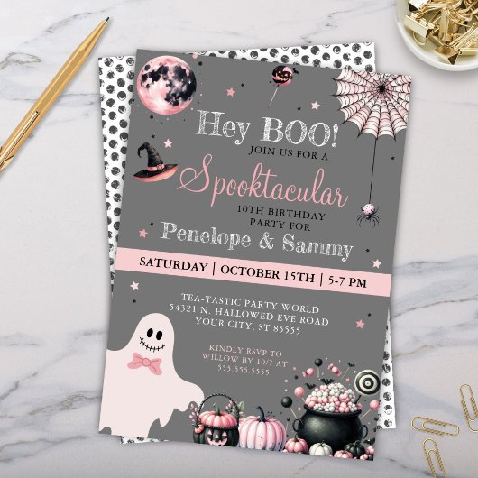 Hey Boo Roze Grijs Meisje Halloween Verjaardagsfee Kaart