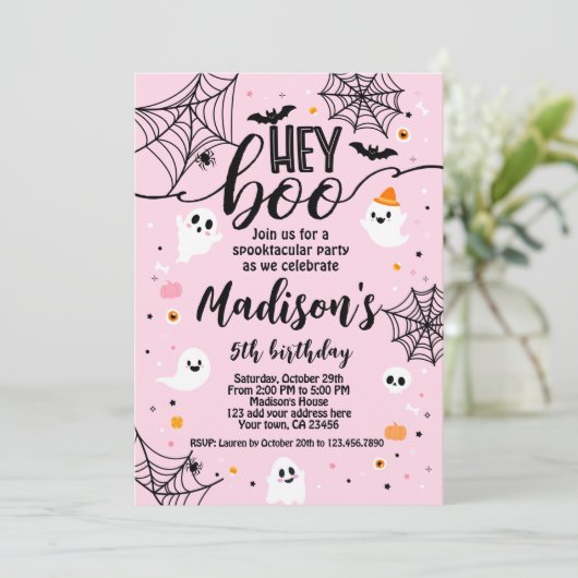 Hey Boo, roze Halloween Kaart (Staand voorkant)