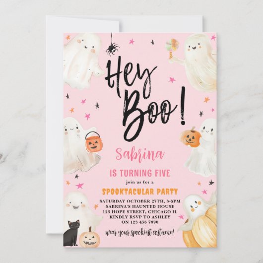 Hey Boo Roze Halloween Spooktacular Girl Verjaarda Kaart (Voorkant)