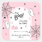 Hey Boo Roze Halloween Tweede Verjaardagsgunst Vierkante Sticker (Voorkant)