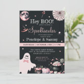 Hey Boo Roze Zwarte Meisjes Halloween Verjaardagsf Kaart (Staand voorkant)