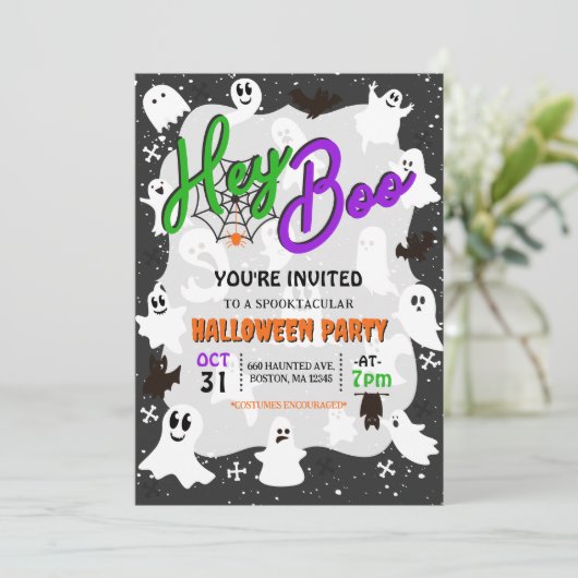 Hey Boo Schattige Spooky Ghost Halloween Party Kaart (Staand voorkant)