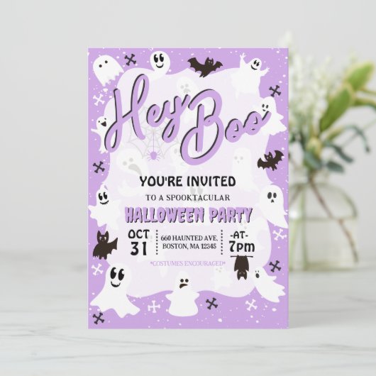 Hey Boo Schattige Spooky Ghost Halloween Party Kaart (Staand voorkant)