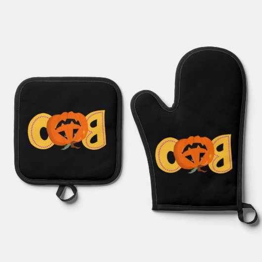 Hey Boo Schattigee Pompoen Typografie Tekenkunst Ovenwant & Pannenlap Set (Voorkant)