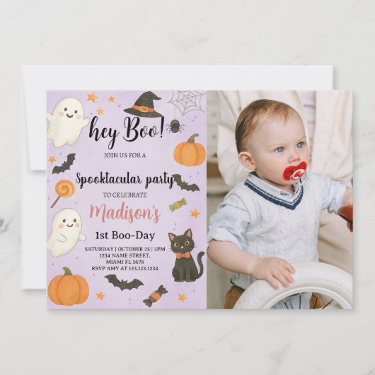 Hey Boo Spooktacular 1st Birthday Invitation Kaart (Voorkant)