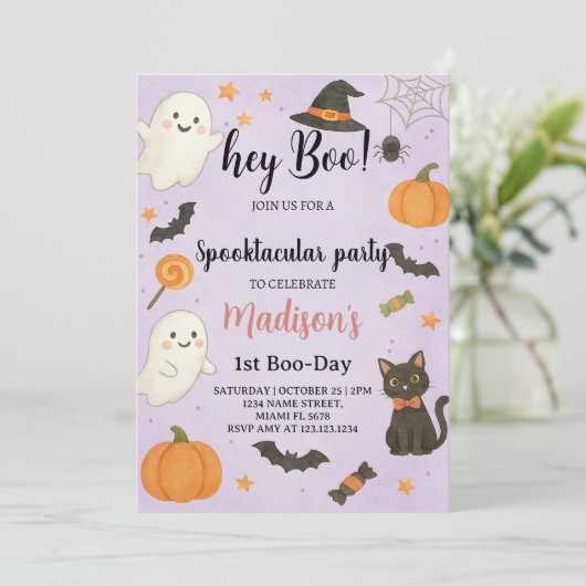 Hey Boo Spooktacular 1st Birthday Invitation Kaart (Staand voorkant)