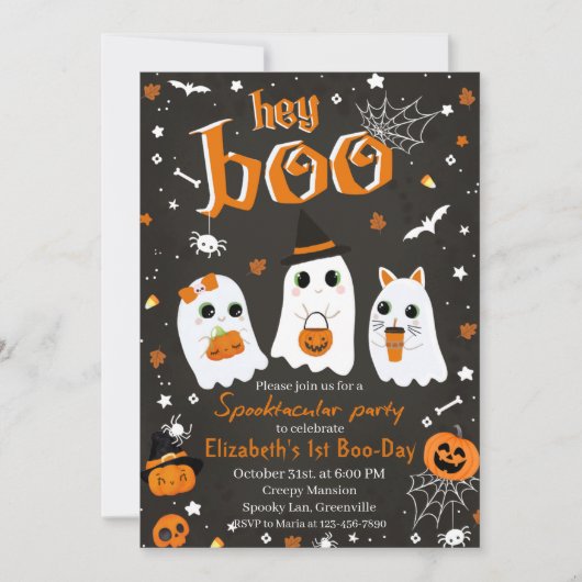 Hey Boo Spooktacular Halloween 1e Verjaardagsfeest Kaart (Voorkant)