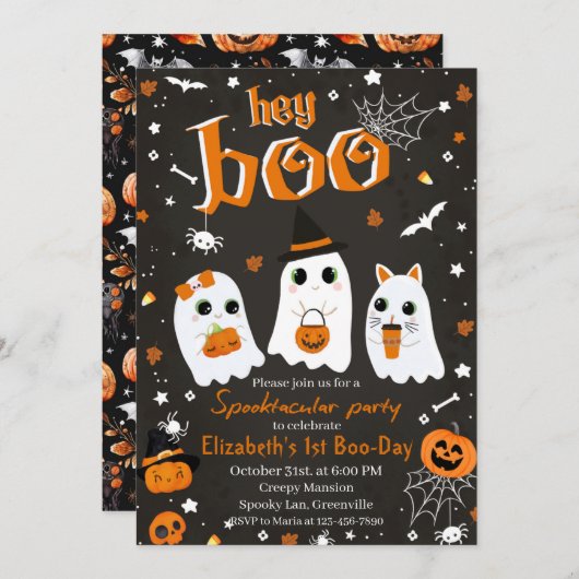 Hey Boo Spooktacular Halloween 1e Verjaardagsfeest Kaart (Voorkant / Achterkant)