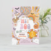 Hey Boo Spooky Retro Halloween Party Meisje Verjaa Kaart (Staand voorkant)