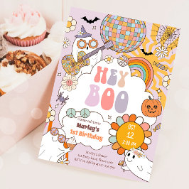 Hey Boo Spooky Retro Halloween Party Meisje Verjaa Kaart