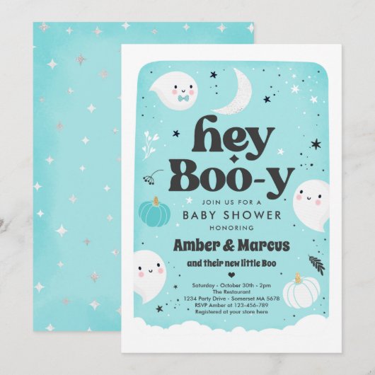 Hey Boo-y Blue Boy Ghost Baby shower Kaart (Voorkant / Achterkant)