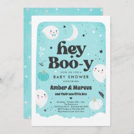 Hey Boo-y Blue Boy Ghost Baby shower Kaart