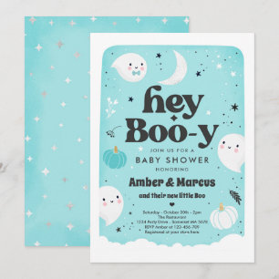 Hey Boo-y Blue Boy Ghost Baby shower Kaart
