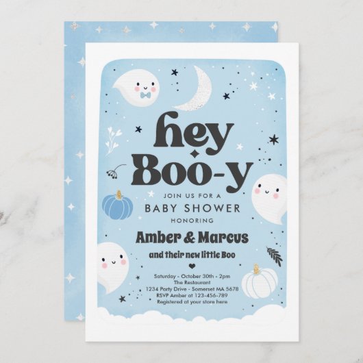 Hey Boo-y Blue Boy Ghost Baby shower Kaart (Voorkant / Achterkant)