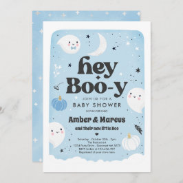 Hey Boo-y Blue Boy Ghost Baby shower Kaart