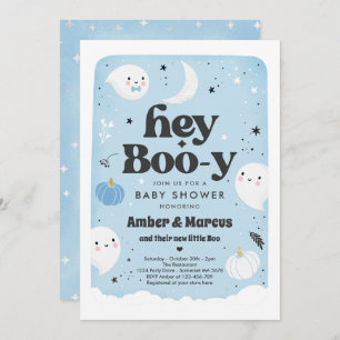 Hey Boo-y Blue Boy Ghost Baby shower Kaart