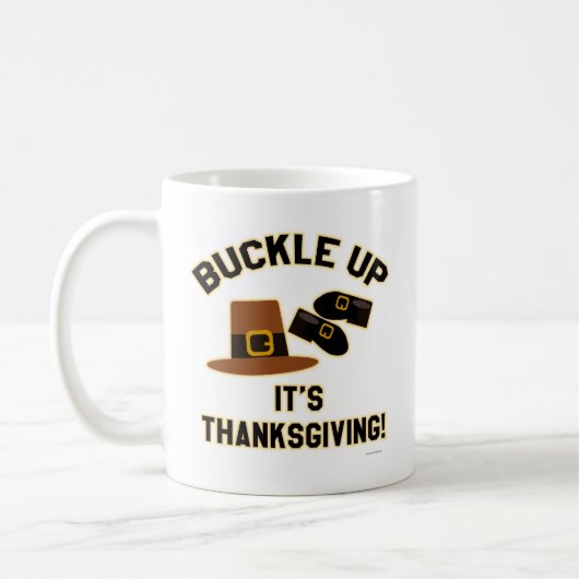 Hey Buckle omhoog zijn Thanksgiving pelgrim motto Koffiemok (Links)