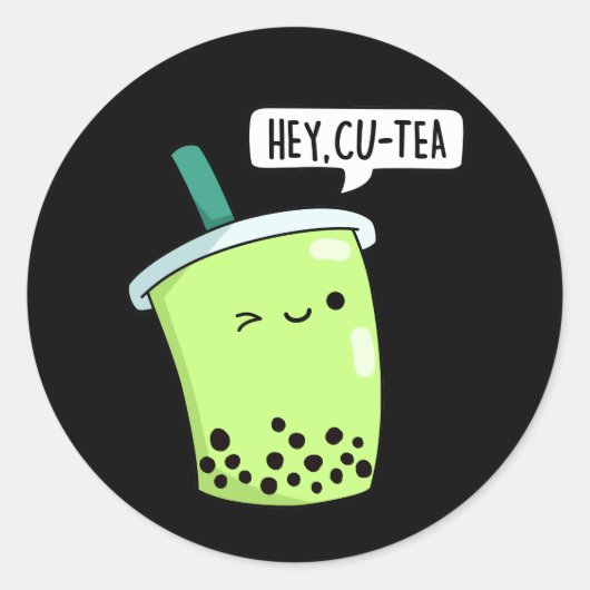 Hey Cu-Tea Funny Boba Tea Pun Dark BG Ronde Sticker (Voorkant)