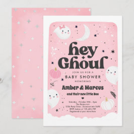 Hey Ghoul Pink Girl Ghost Baby shower Invitation Kaart