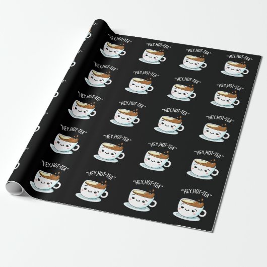 Hey Hot-Tea Funny Cuppa Tea Pun Dark BG Cadeaupapier (Uitgerold)