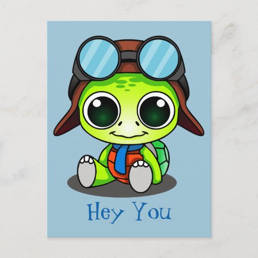 Hey Je Schattigee Cartoon Schildpad in Aviator Pet Briefkaart (Voorkant)