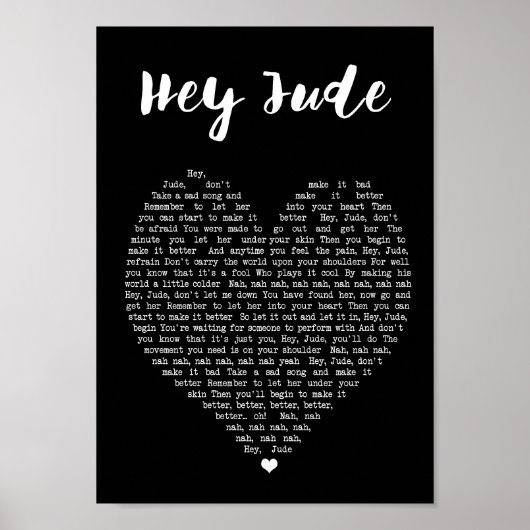 Hey Jude Black Heart Wall Art Song Lyric Print (Voorkant)