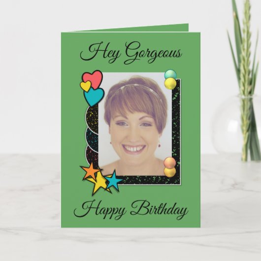 Hey prachtige harten sterren foto groene verjaarda kaart (Voorkant)