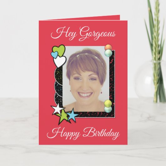 Hey prachtige harten sterren foto rode verjaardag kaart (Voorkant)