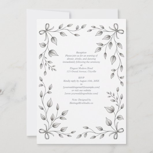 HHS Botanisch blad en lint handgetekende trouwdag Kaart (Achterkant)