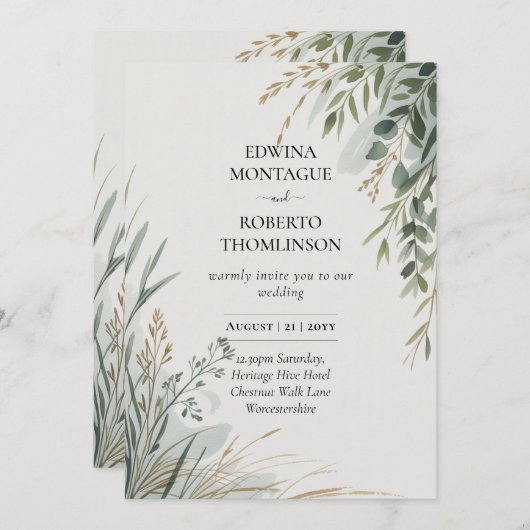 HHS Greenery Botanische Aquarel Elegant Trouwen Kaart (Voorkant / Achterkant)