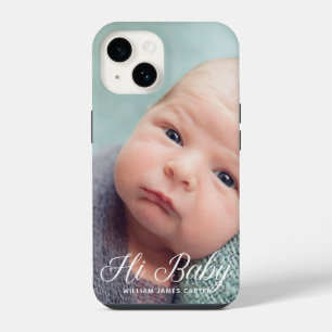 Hi Baby Photo Chic White Script Custom Newborn iPhone 14 Hoesje