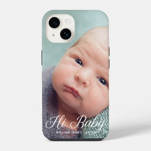 Hi Baby Photo Chic White Script Custom Newborn iPhone Hoesje (Achterkant)