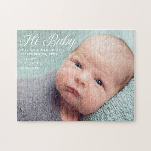 Hi Baby Photo Chic White Script Newborn Afbeelding Legpuzzel (Horizontaal)