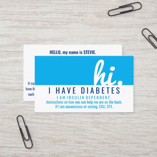 Hi Diabetes Emergency ID PVC Badge Visitekaartje (Voorkant / Achterkant in situ)