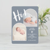 Hi dusty blue script hartstuk 2 foto booggeboorte  aankondiging (Staand voorkant)