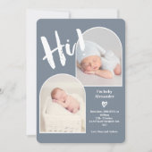 Hi dusty blue script hartstuk 2 foto booggeboorte  aankondiging (Voorkant)