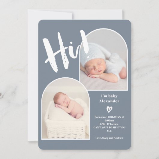 Hi dusty blue script hartstuk 2 foto booggeboorte  aankondiging (Voorkant)