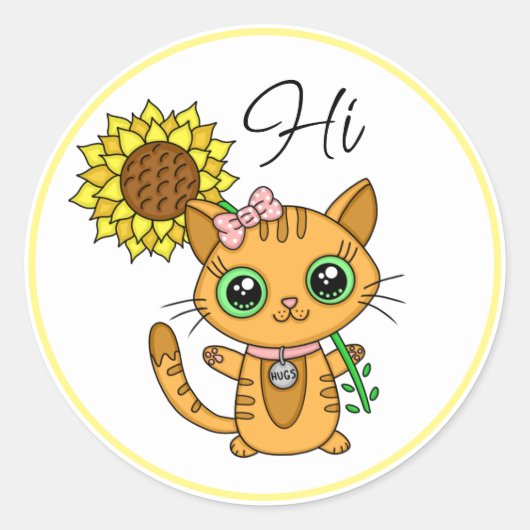Hi en Hugs | Kute met zonnebloem Ronde Sticker (Voorkant)