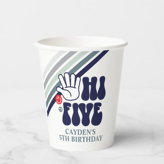 HI FIVE Retro Streep blauwe Papieren Bekers (Voorkant)