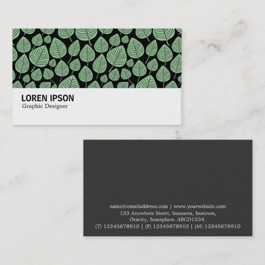Hi-Phi - 0379 - Bladeren - Gepluid groen op zwart Visitekaartje (Voorkant / Achterkant)