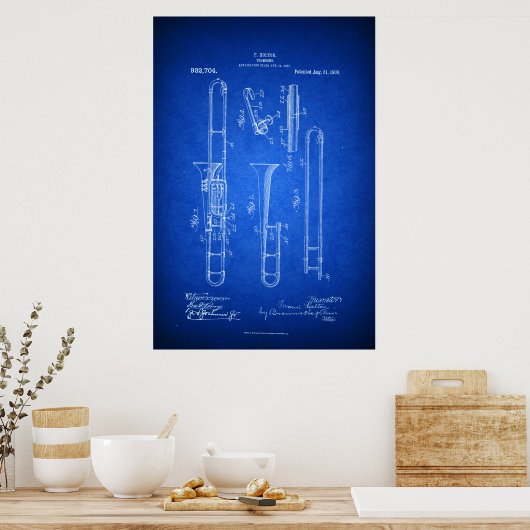 Hi res Trombone Patent art Blueprint style Poster (Keuken)