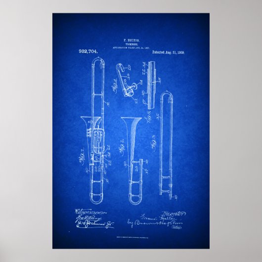 Hi res Trombone Patent art Blueprint style Poster (Voorkant)