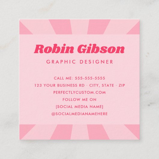 Hi retro roze of elke kleur sunburst vierkante visitekaartje (Achterkant)