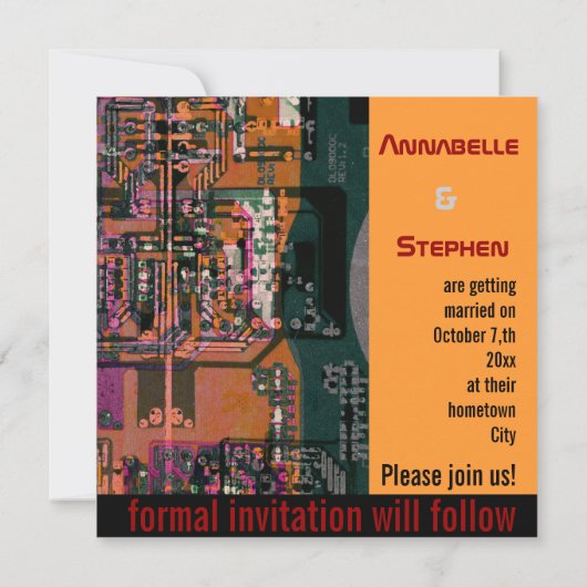 Hi-tech elektronische geek bruiloft met behoud van save the date (Achterkant)