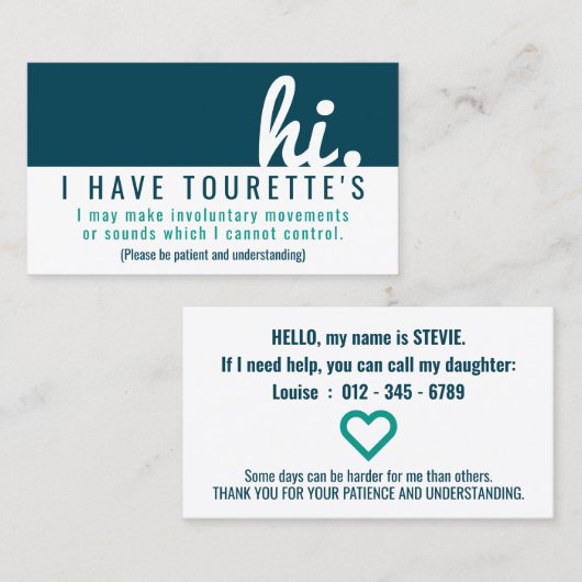 Hi Tourette Syndroom Patience PVC Badge Visitekaartje (Voorkant / Achterkant)