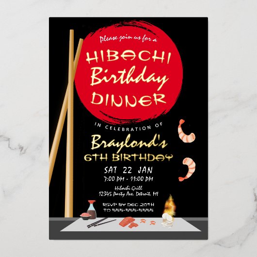 Hibachi verjaardagsdiner Hibachi-feest Folie Uitnodiging (Voorkant)