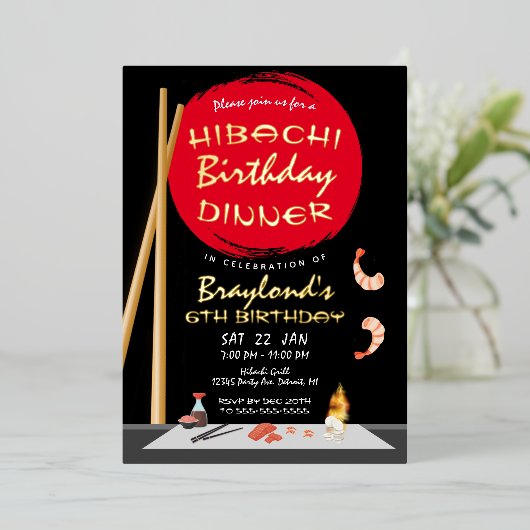 Hibachi verjaardagsdiner Hibachi-feest Folie Uitnodiging (Staand Voorkant)