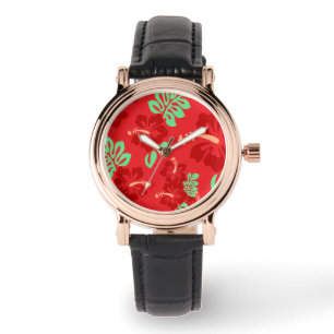 Hibicus Flowers Red Tropisch Patroon Horloge