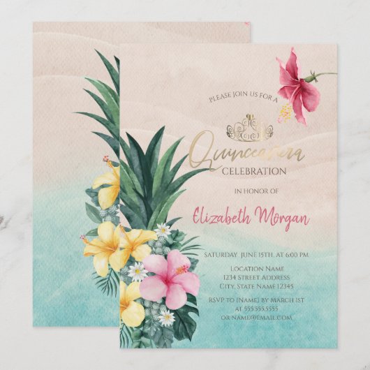 Hibiscus ananas zomer quinceañera kaart (Voorkant / Achterkant)